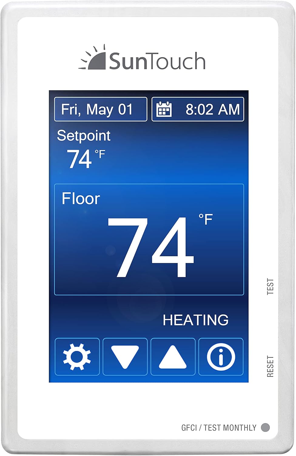 SunTouch Command Touchscreen Programmable Thermostat [universal] Model 500850 (low-profile, user-friendly floor heat control, 120/240V, bright white + paintable beauty ring) includes floor sensor