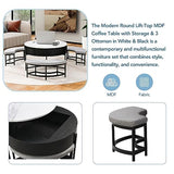 Linique Modern Round Lift-Top Coffee Table with Storage and 3 Ottoman, White + Black
