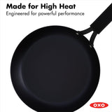 OXO Obsidian Pre-Seasoned Carbon Steel, 12 Wok Pan with Removable Silicone Handle Holder, Induction, Oven Safe, Black