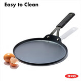 OXO Obsidian Pre-Seasoned Carbon Steel, 12 Wok Pan with Removable Silicone Handle Holder, Induction, Oven Safe, Black