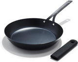 OXO Obsidian Pre-Seasoned Carbon Steel, 12 Wok Pan with Removable Silicone Handle Holder, Induction, Oven Safe, Black