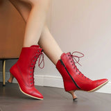 PMUYBHF Female Women Sandals and Slides Lace up British Boots Wine Glasses and Round Headed Solid Color Large Women’s Short Boots Red 38